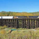A train crossing a trestle in the fall time.